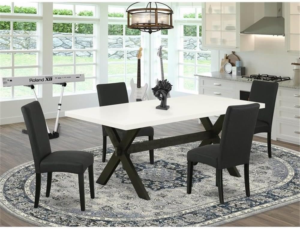 East West Furniture X627DR124-5 5 Piece Dining Set Includes a Rectangle Dining Room Table with X-Legs and 4 Black Color Linen Fabric Upholstered Parson Chairs, 40x72 Inch, Multi-Color