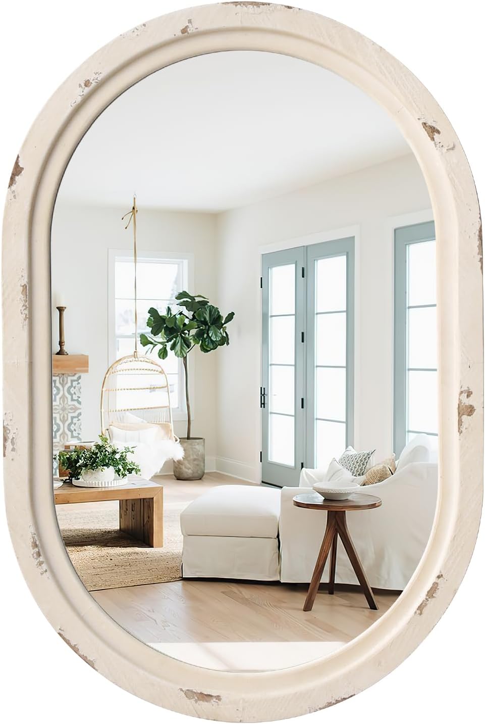 sawsile 20x30'' Rustic Oval Wood Mirror,Decorative Farmhouse Oval Mirrors,Vanity White Mirrors for Bedroom, Bathroom, Living Room,or Entryway