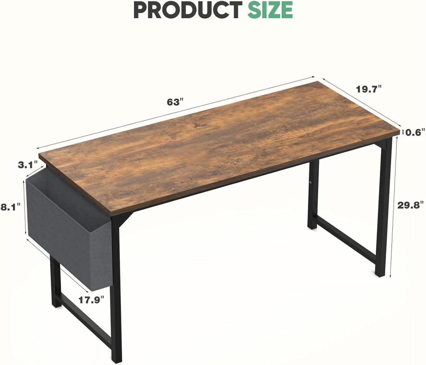 63 Inch Desk Office with Storage, Modern Simple Style Gaming Computer Table for Youth Student Adult, Metal and Wood Home Office Furniture, Rustic Brown