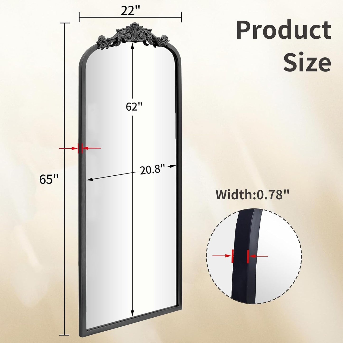 AIXI HOME Arched Black Antique Full Length Wall Mirror 22"x65", Arendahl Elegant Floor Vintage Mirror with Ornate Matel Frame, Baroque Inspired Home Decor for Bedroom/Living Room/Hallway