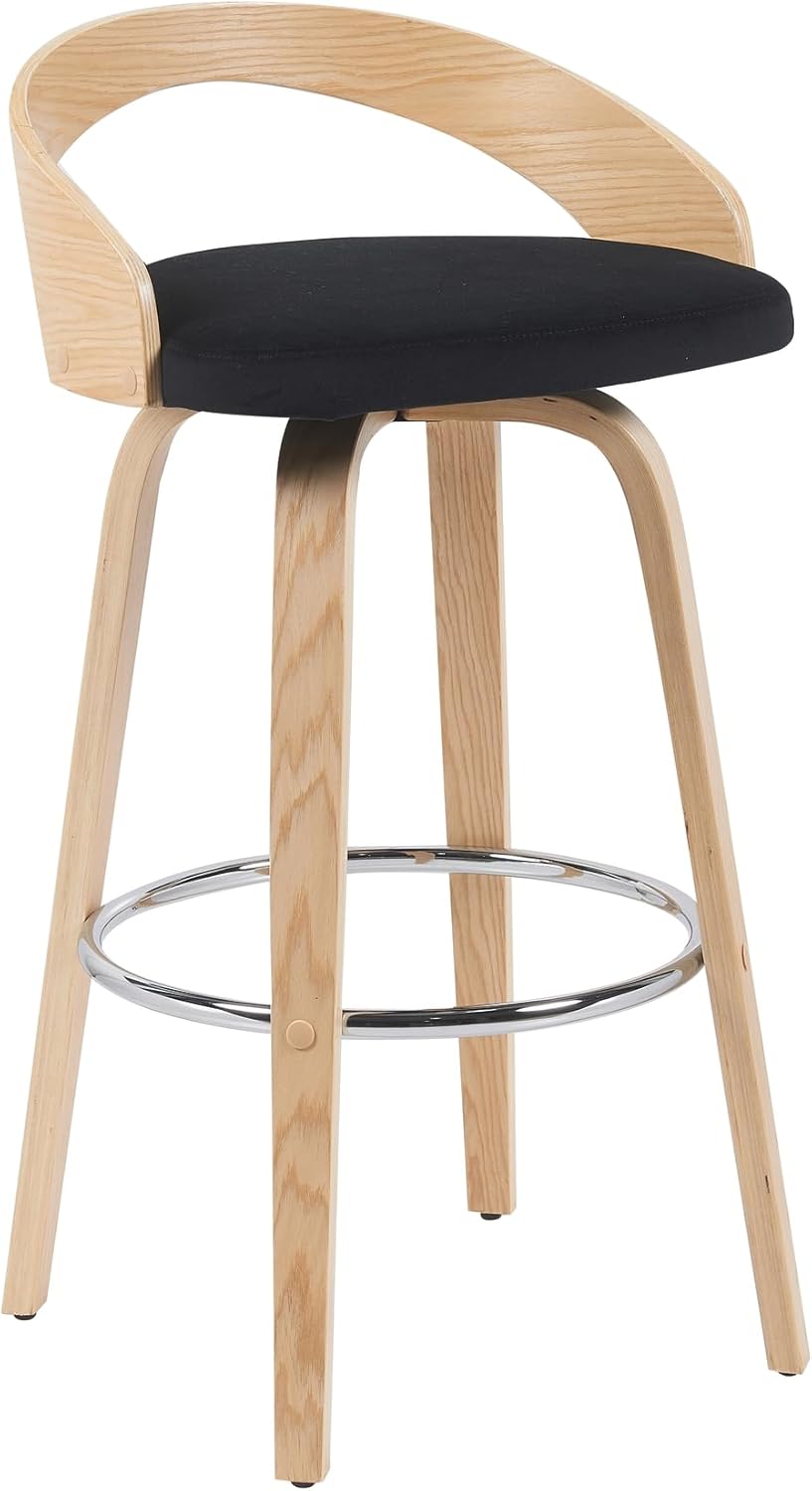 Sonia Modern Swivel Bar Height Stool with Black Upholstered Seat and Patterned Oak Wood Finish Set of 4