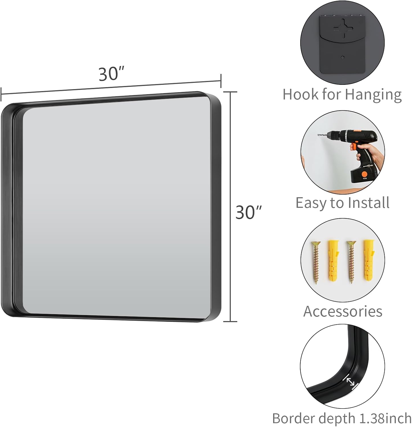 Koonmi Black Wall Mirror for Bathroom, 30x30 Inch Matte Deep Framed Rounded Rectangle Vanity Mirror for Farmhouse Living Room, Tempered Glass, Anti-Rust, Vertically or Horizontally