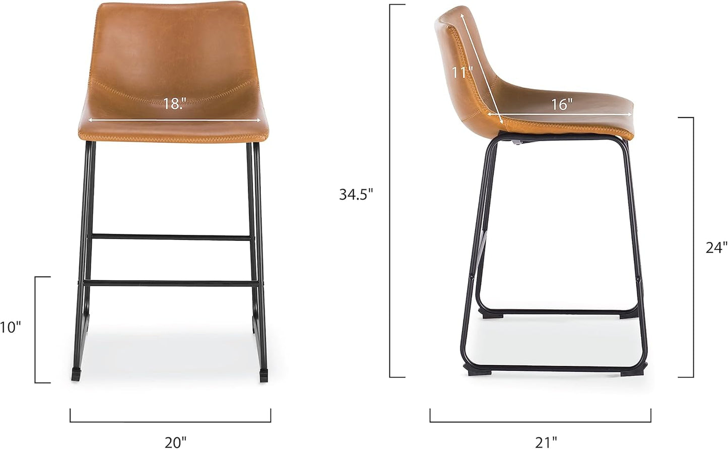 POLY & BARK Bar Stools Set of 3 – 34" Counter Height Chairs with Back, Tan PU Leather Seats with Metal Legs, Modern Industrial Style for Kitchen Island