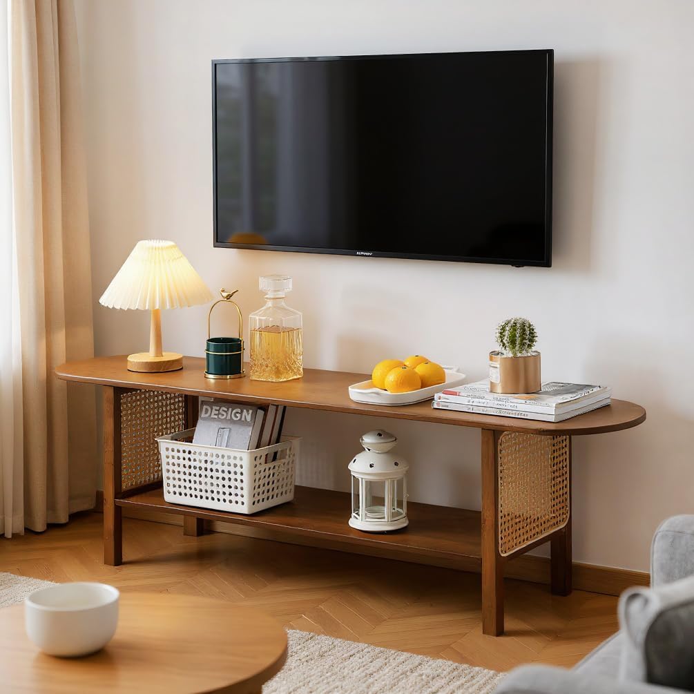Tiita TV Stand with Storage for TVs up to 65'', Bamboo TV Console Entertainment Center with 2 Open Shelf, Mid Century Modern Media Console for Living Room, Bedroom, Walnut