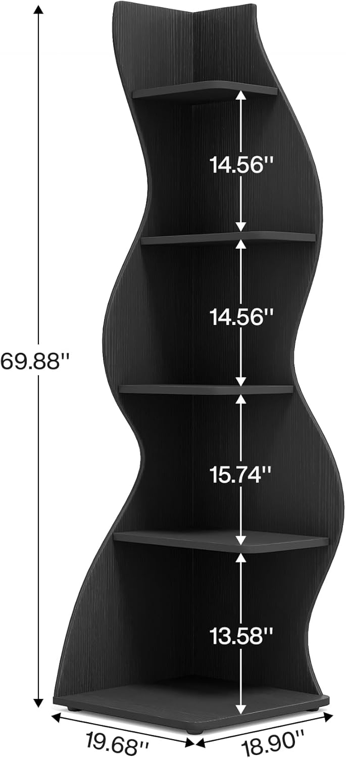 Tribesigns Corner Shelf, Modern 5-Tier Wall Corner Bookshelf, Stylish Corner Small Bookcase Storage Rack Plant Stand with Unique Shape for Living Room, Home Office, (1PC, Black)