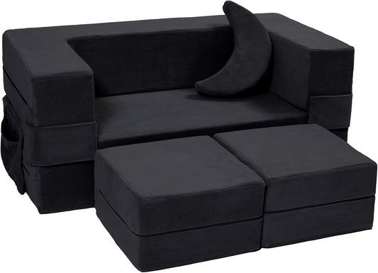 Modular Kids Sofa,Toddler Couch Foam Armchair for Kids, Children Convertible Plush Sofa Play Set,Fold Out SofaBed(Black)