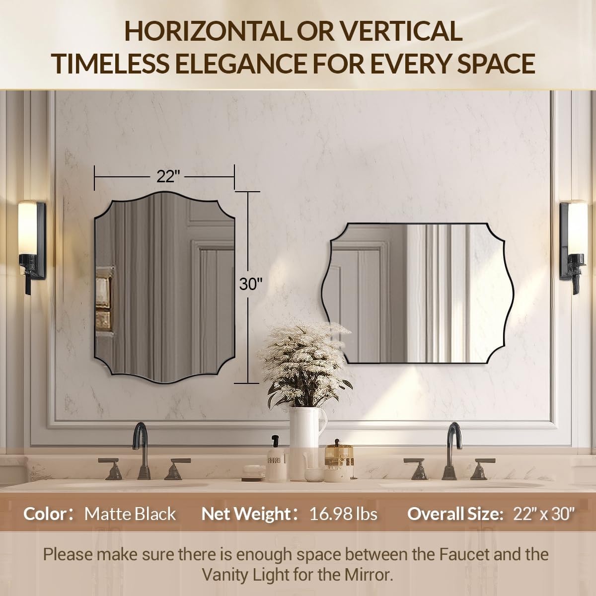 Black Scalloped Vanity Mirror, Matte Black Bathroom Mirrors, Metal Framed Black Wall Mirror, 22x30 Irregular Shaped Mirror, Rectangle Wavy Wall Mirror, Mounted Vertically or Horizontally