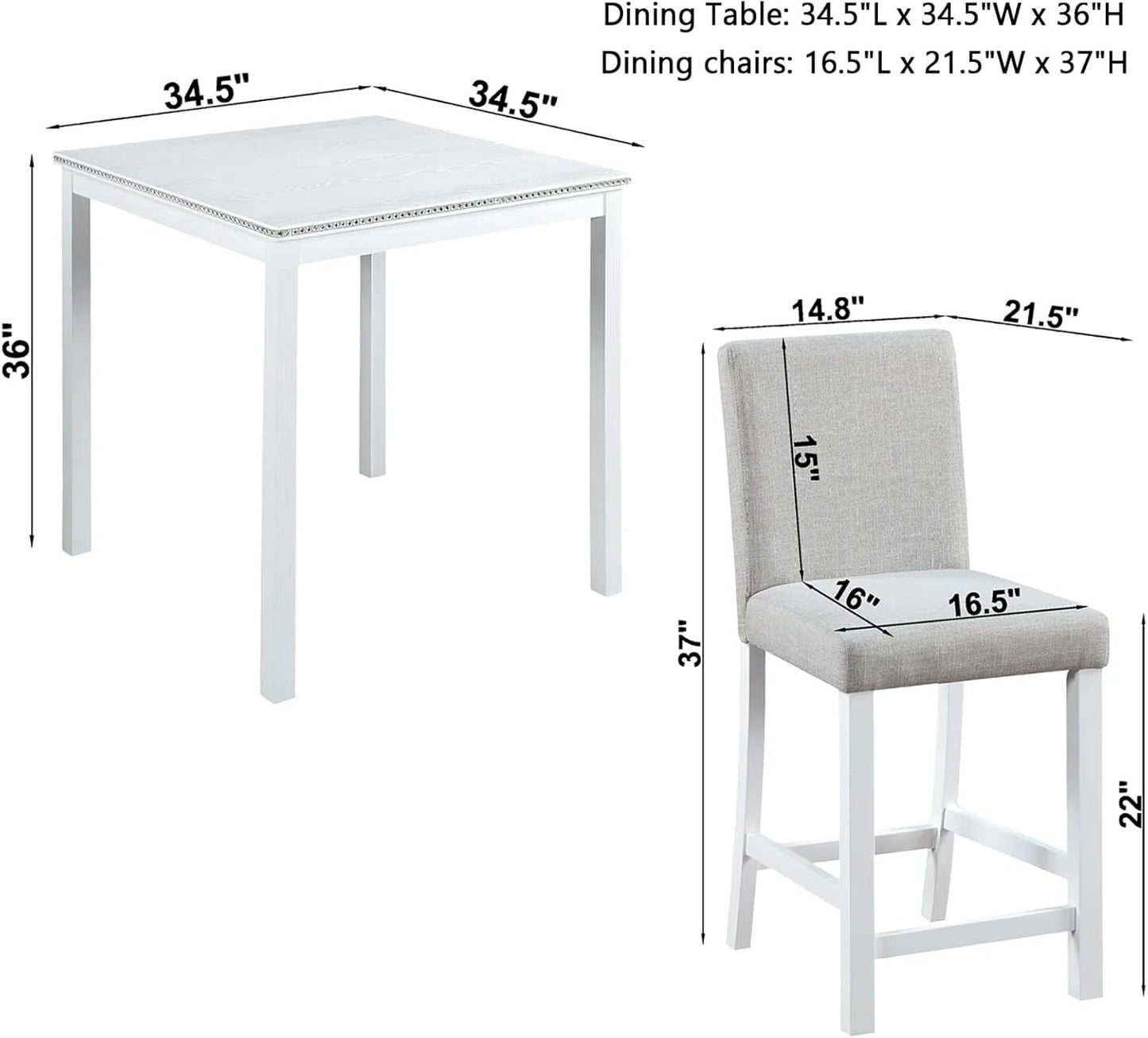 Dining Table Set for 4, 5-Piece Dining Room Table Set with Square Crystal Decoration Table & 4 Upholstered Backrest Chairs, Counter Height Kitchen Sets with Wood Grain & Footrest, White