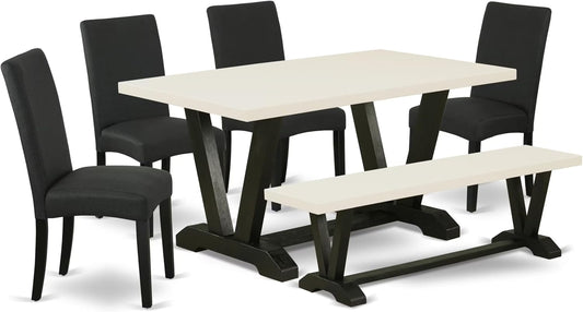 East West Furniture V626DR124-6 6 Piece Kitchen Table & Chairs Set Contains a Rectangle Dining Room Table and 4 Black Color Linen Fabric Parson Chairs with a Bench, 36x60 Inch, Multi-Color