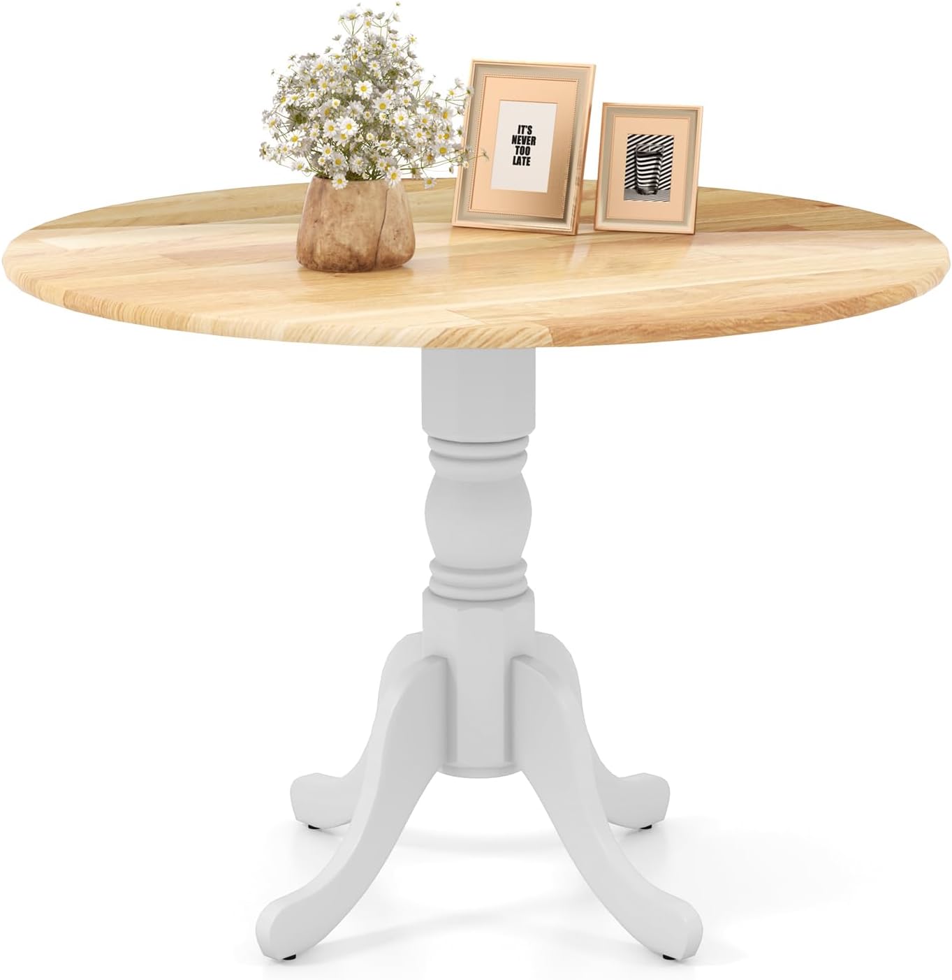 COSTWAY Round Dining Table for 4, 39-inch Wooden Kitchen Table With Solid Rubber Wood Frame, Curved Trestle Legs, Adjustable Foot Pads, Mid Century Rustic Dinning Table for Living Room (Natural+White)