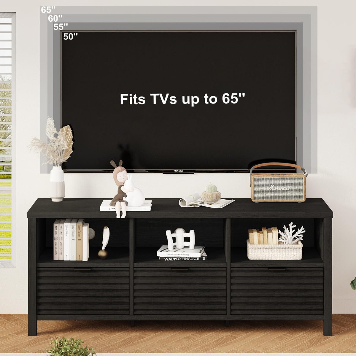 BON AUGURE Black TV Stand, Modern Entertainment Center with Storage Drawers for 65 55 50 in TVs, Wood Fluted Television Media Console Cabinet for Living Room, Bedroom (Black Oak)