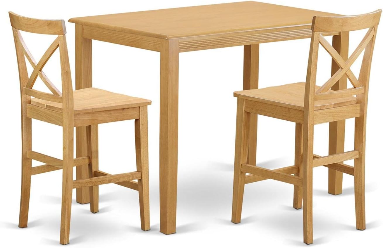 East West Furniture YAPB3-OAK-W 3 Piece Kitchen Counter Height Dining Table Set Contains a Rectangle Dining Room Table and 2 Wooden Seat Chairs, 30x48 Inch, Oak