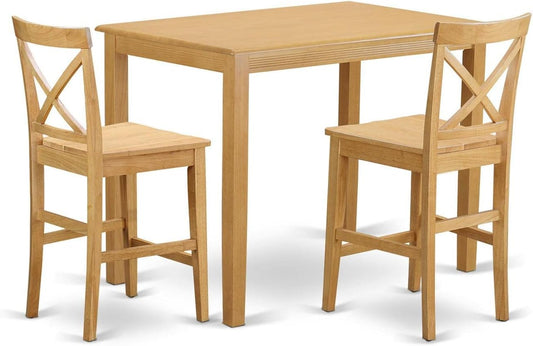 East West Furniture YAPB3-OAK-W 3 Piece Kitchen Counter Height Dining Table Set Contains a Rectangle Dining Room Table and 2 Wooden Seat Chairs, 30x48 Inch, Oak