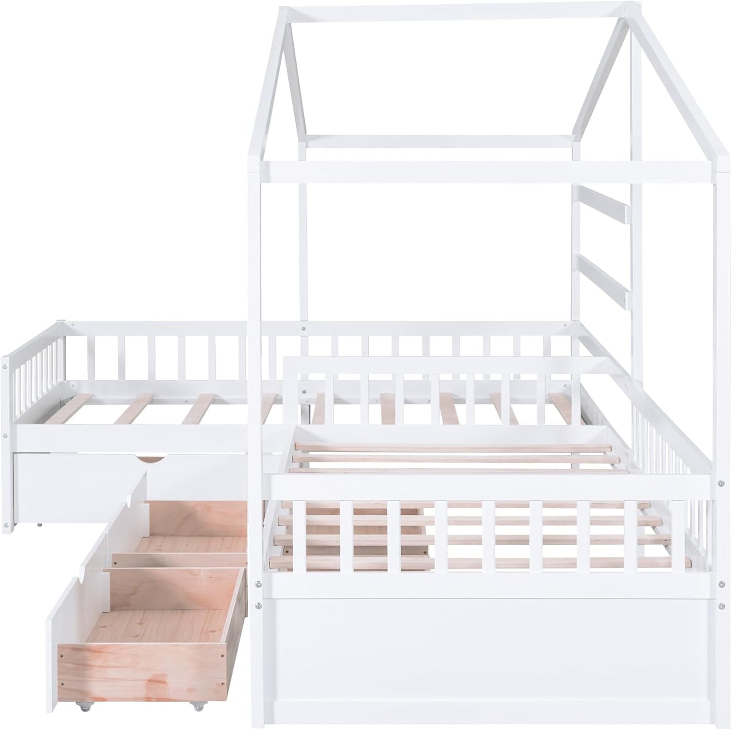 Twin Size House Platform Bed with Three Storage Drawers,Double Shared-Bed,2 in 1 Bed,L-Shaped Platform Bed for Boys Girls Shared Beds,Perfect complement to Any Small Space,White