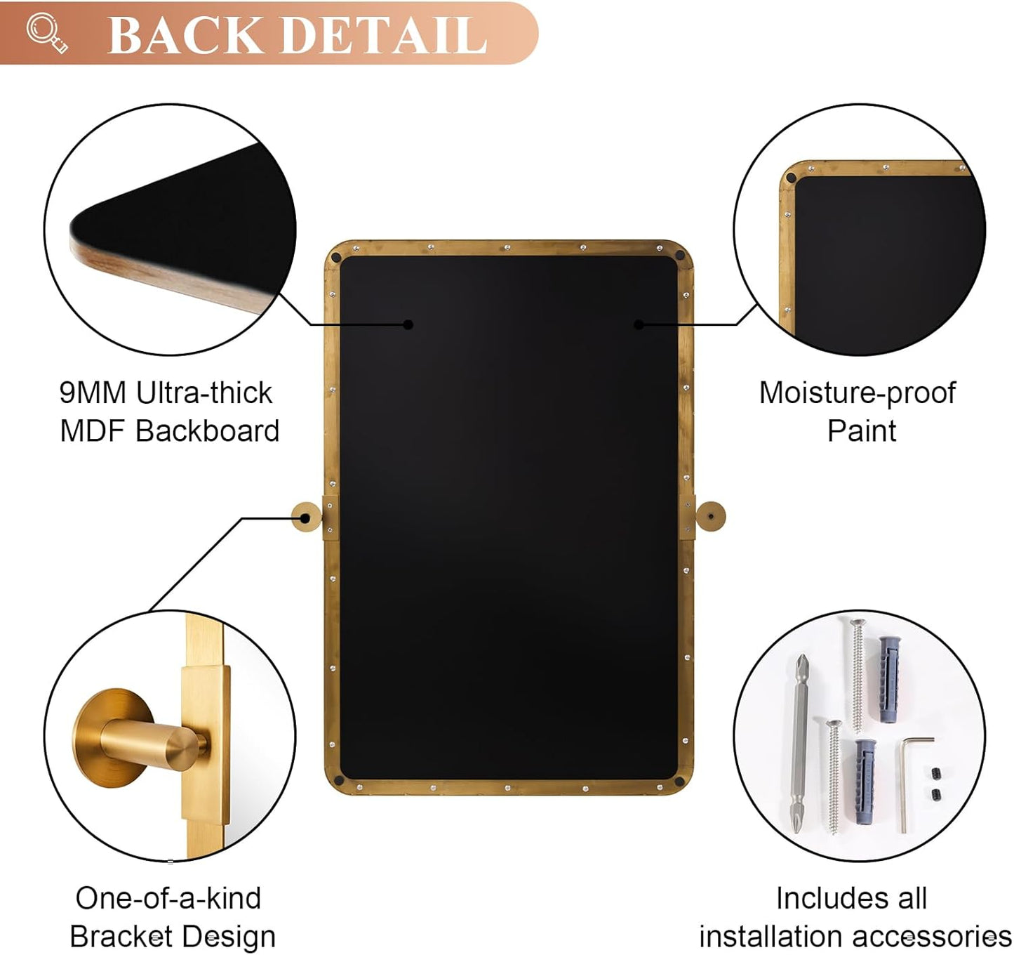 MOON MIRROR 24" x 36" Brushed Gold Metal Framed Pivot Rectangle Bathroom Mirror for Wall, Tilting Rounded Corner Rectangular Vanity Mirror Hangs Vertical Only