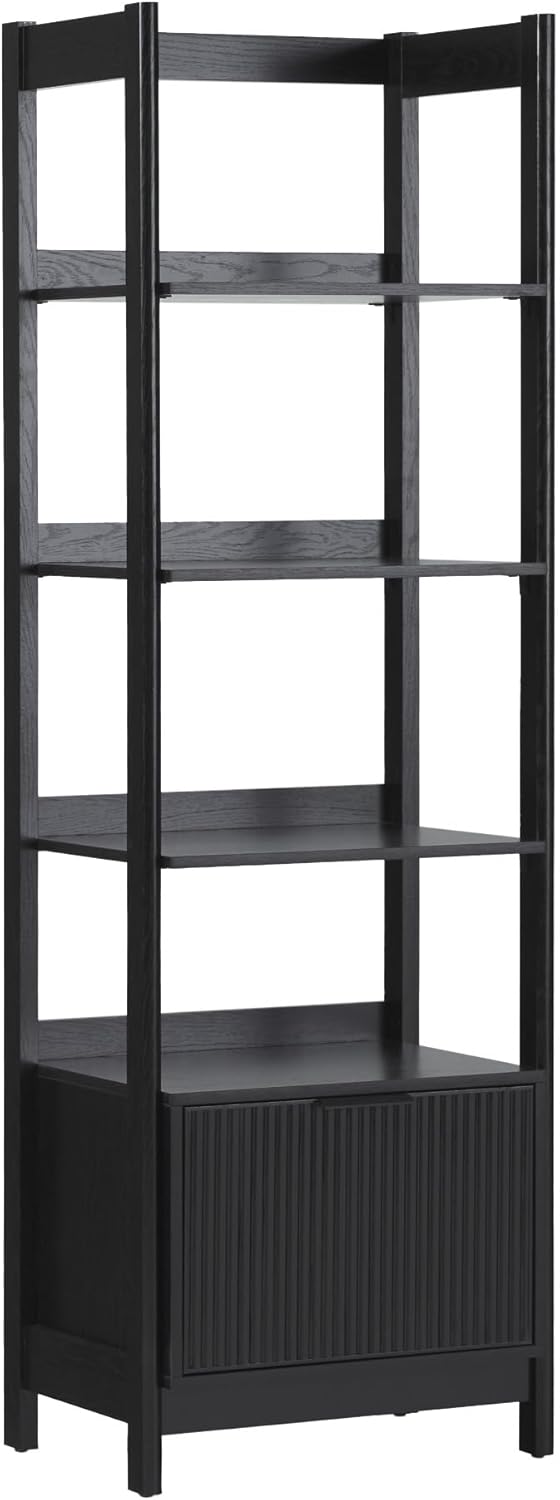 Walker Edison Transitional Reeded Narrow Open Bookshelf with Drawer Home Office Living Room, Bedroom, 4-Shelf Bookcase with Bottom Storage, 22 Inch, Black