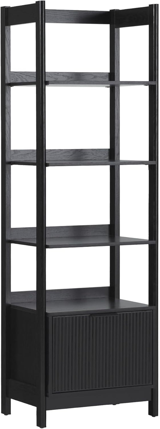 Walker Edison Transitional Reeded Narrow Open Bookshelf with Drawer Home Office Living Room, Bedroom, 4-Shelf Bookcase with Bottom Storage, 22 Inch, Black