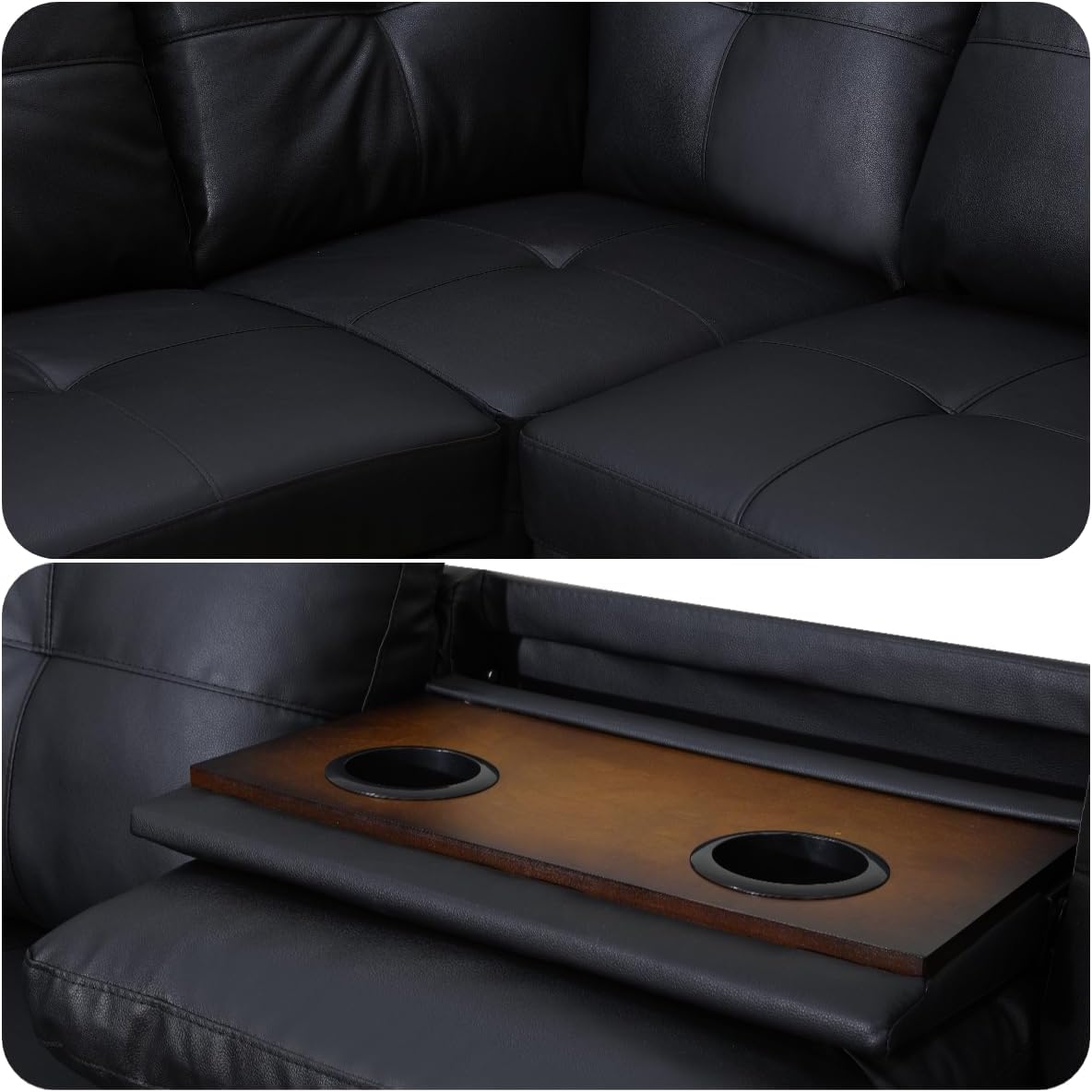 Modern Living Room Furniture Sets with Cup Holder, Modular Sectional Couches with Chaise Lounge, 4-Seaters L Shape Sofa with Storage Ottoman, for Living Room, Faux Leather, Black