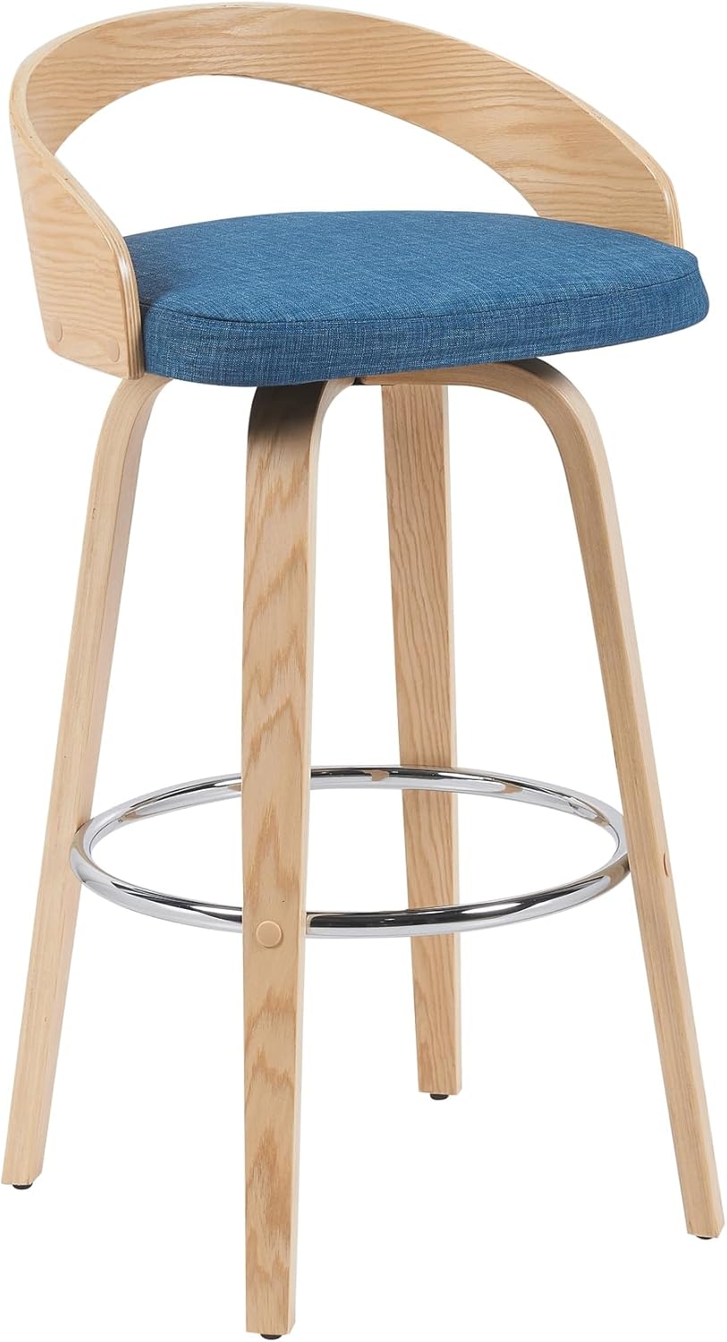 Sonia Modern Swivel Bar Height Stool with Blue Upholstered Seat and Patterned Oak Wood Finish Set of 4