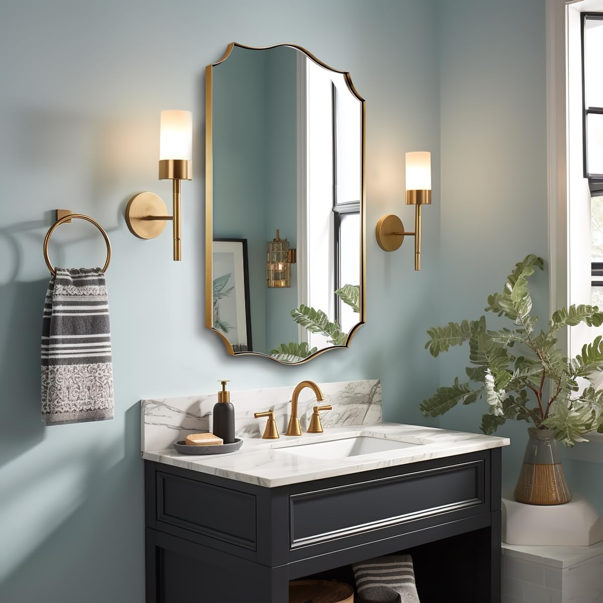 ANDY STAR 24x40 Inch Gold Mirror, Brushed Gold Bathroom Mirror, Antique Brass Rectangle Mirror, Large Wall Mirror Decorative for Bedroom, Living Room, Entryway, Wave Inspired Style