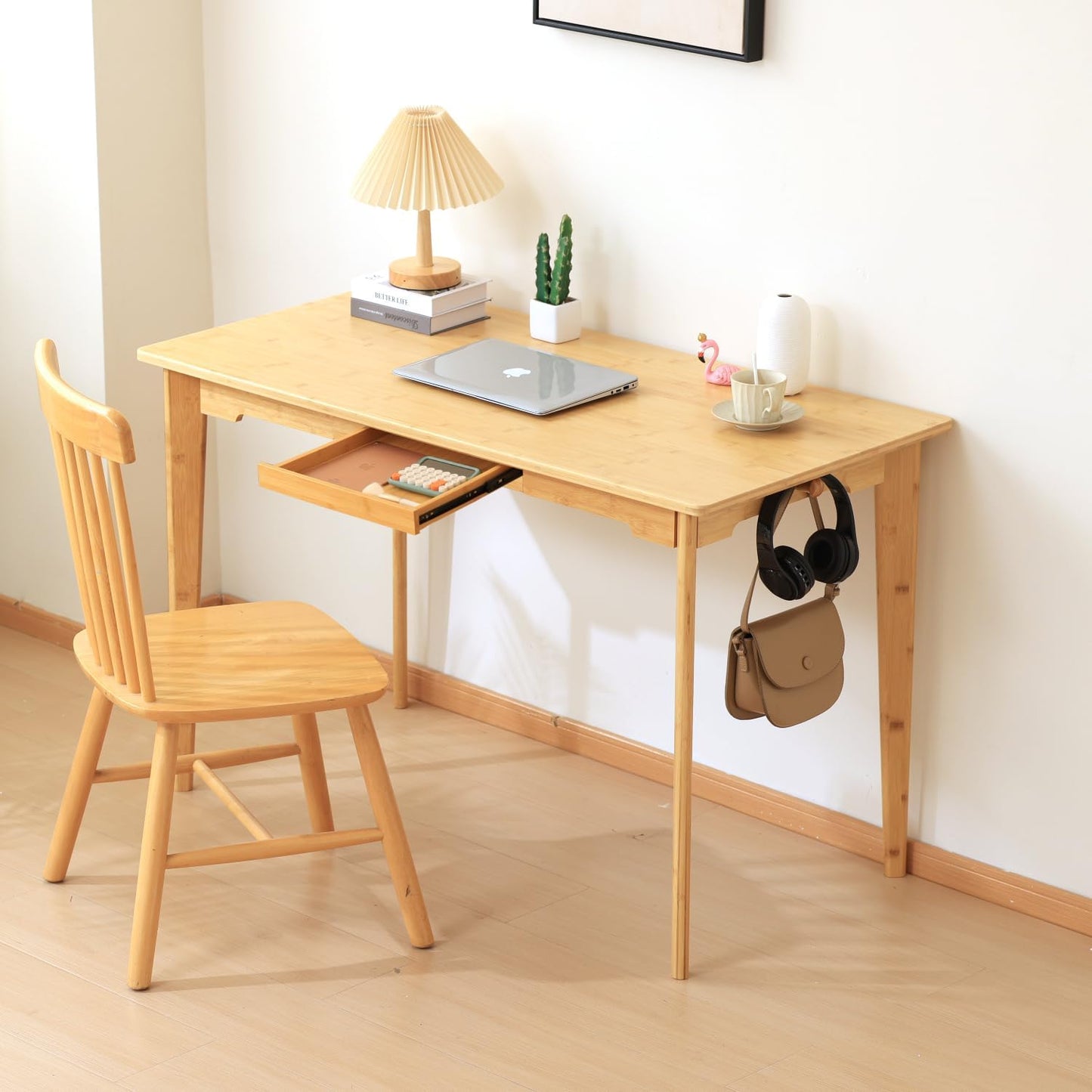 Maydear 47" Bamboo Multipurpose Study Writing Desk with Drawer, Modern Simple Computer & Laptop Table Dining Table for Bedroom, Living Room, Home and Office, Kitchen, Natural