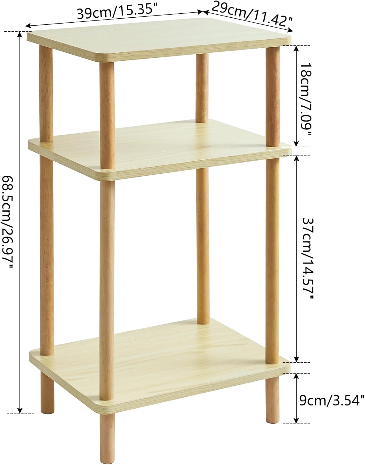 IBUYKE 3-Tier Side Table, Solid Wood Tall End Table with Storage Shelves, Nightstand Bedside Table for Living Room Bedroom Office, No-Tool Assembly, Light Natural UWST003S