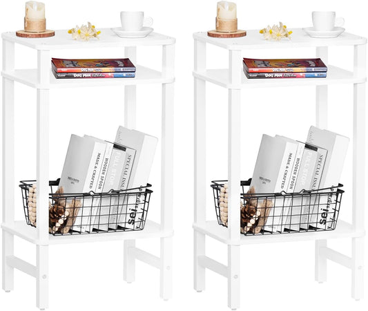 28in Tall Side Table Set of 2, 3-Tier Small Narrow End Table for Couch, Skinny Nightstand for Small Space, Farmhouse Slim Night Stand with Storage, Wooden Frame Thin Bedside Table, White