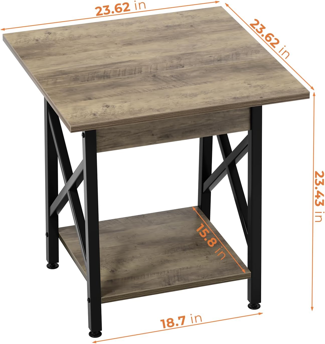 GreenForest End Table 24 inch for Living Room, Large Square Side Tables with X-Frame, Tall Industrial Bedside Nightstand with 2-Tier Storage, Gray Wash