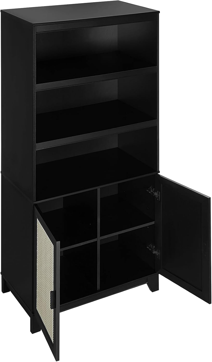 Manhattan Comfort Sheridan Modern Cane Bookcase with Adjustable Open Shelves, Soft Close Doors, and Concealed Compartments, Versatile 3 Tier Bookshelf Storage for Home and Office, Set of 2, Black