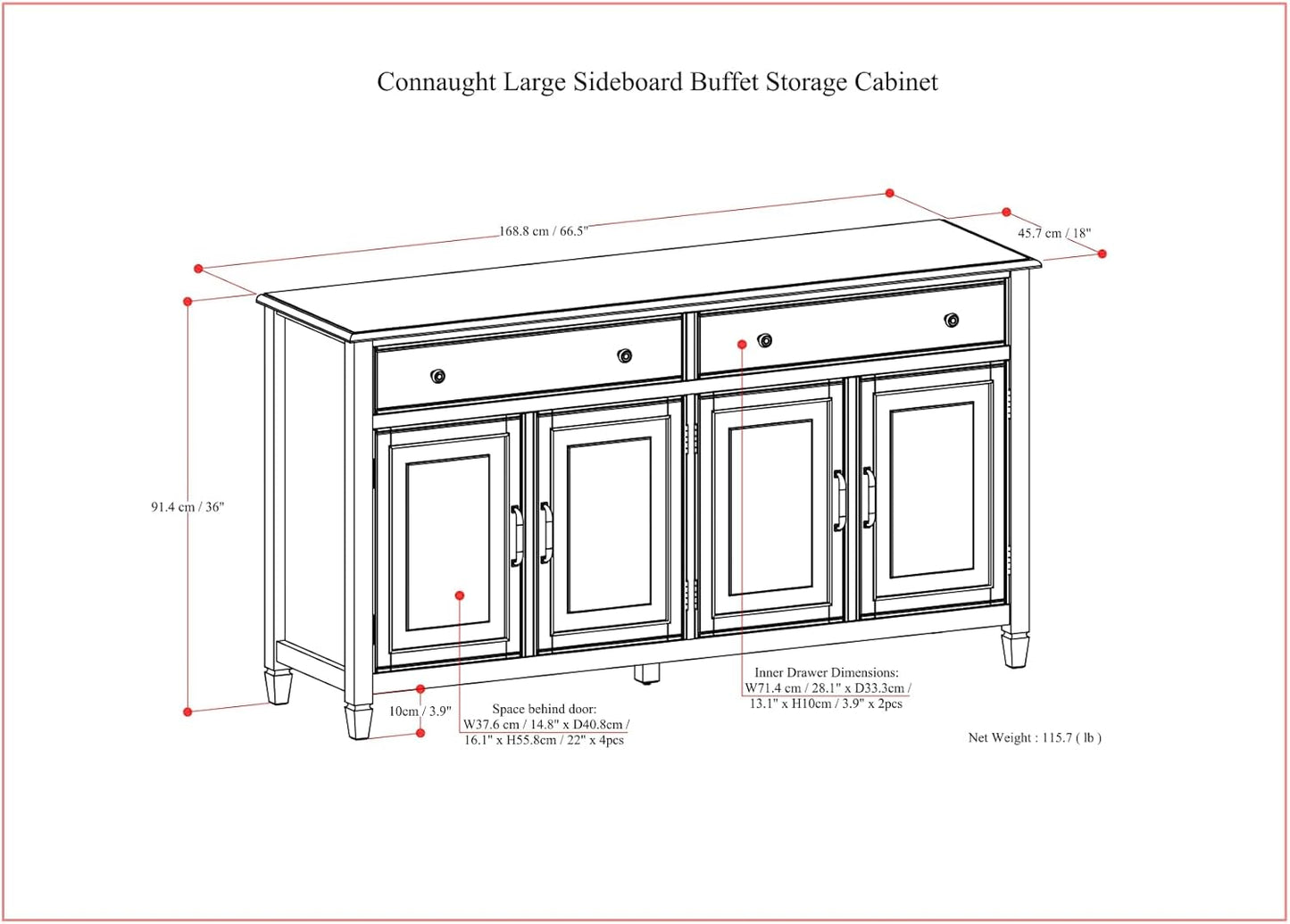 SIMPLIHOME Connaught SOLID WOOD 67 inch Wide Traditional Large Sideboard Buffet Storage Cabinet in Dark Chestnut Brown for the Living Room, Entryway and Family Room