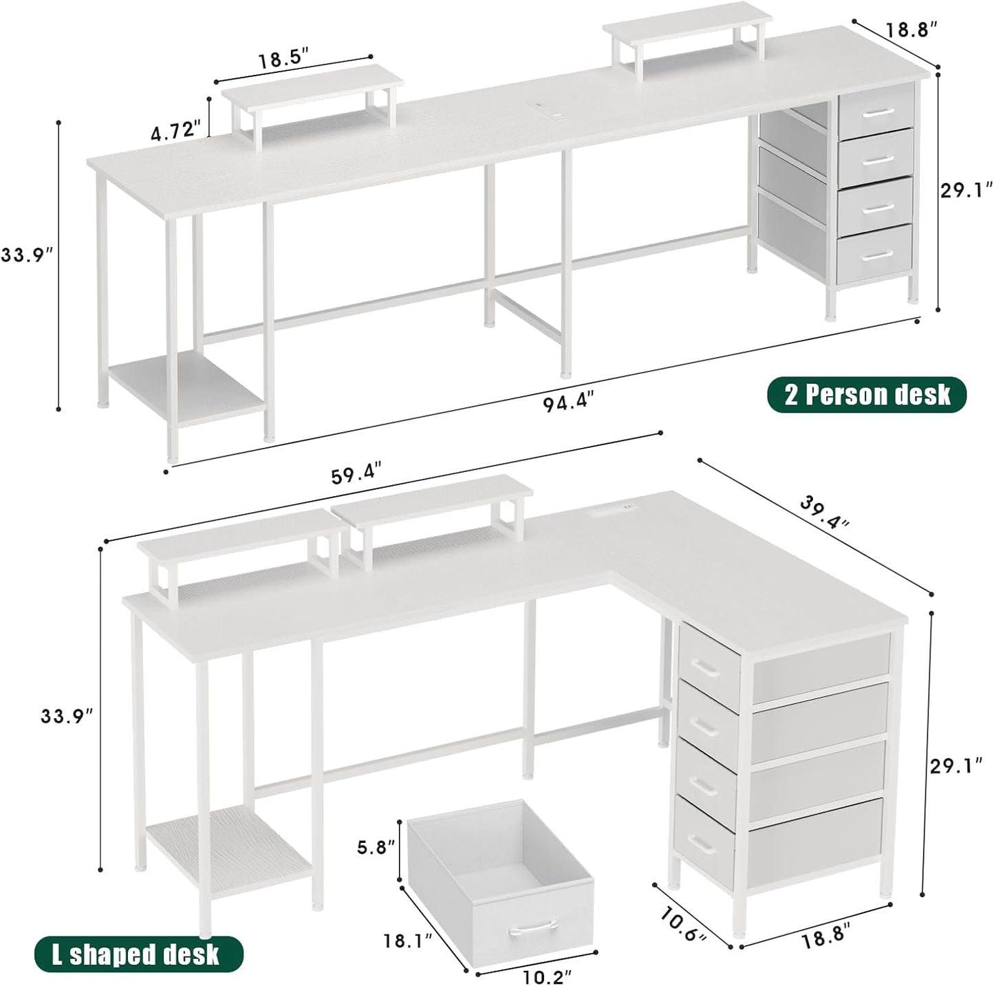 59 inch L Shaped Computer Desk with Power Outlets, Home Office Desk with 4 Adjustable Storage Drawers & 2 Monitor Stands, Two Person Gaming Table for Bedroom, White