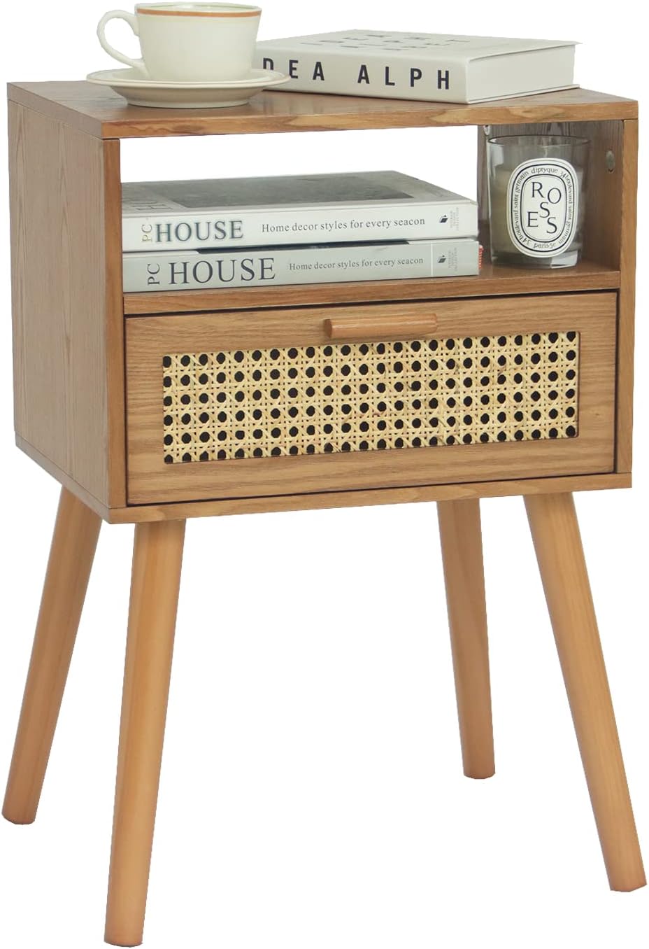 MaxSmeo Mid Century Modern Nightstand with Drawer, Small Nightstand Bedside Table, Rattan Nightstand, Wood End Table for Bedroom, Living Room (Brown)