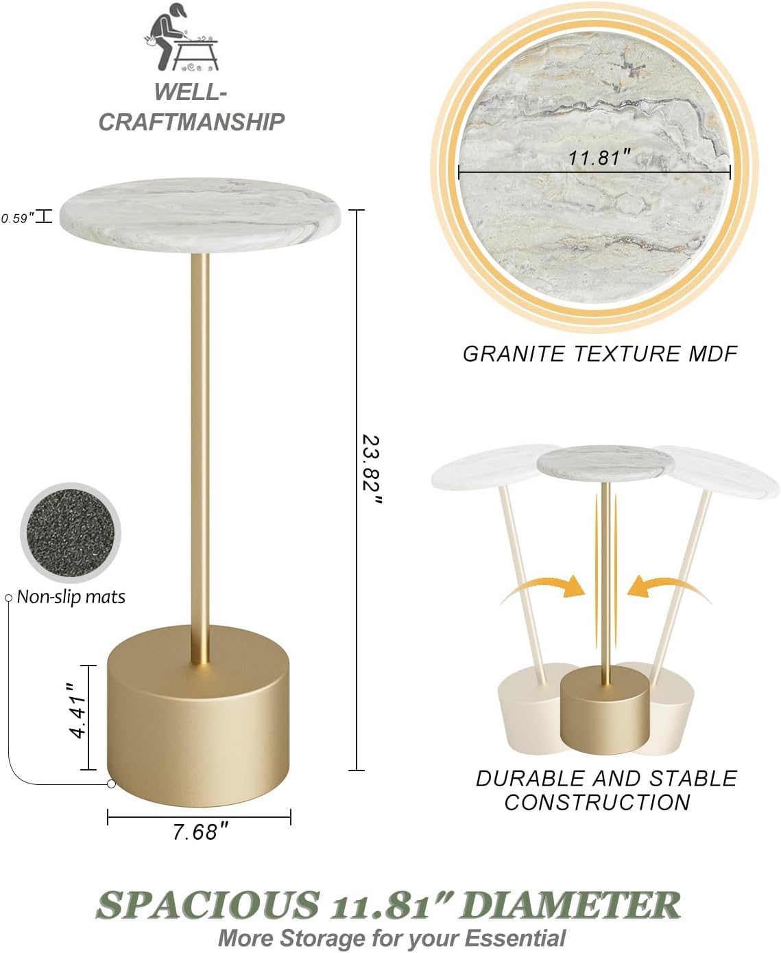 Drink Table Pedestal, Round Side Table, Drink Tables for Small Spaces, Pedestal End Table, Small Pedestal Table (Gold)