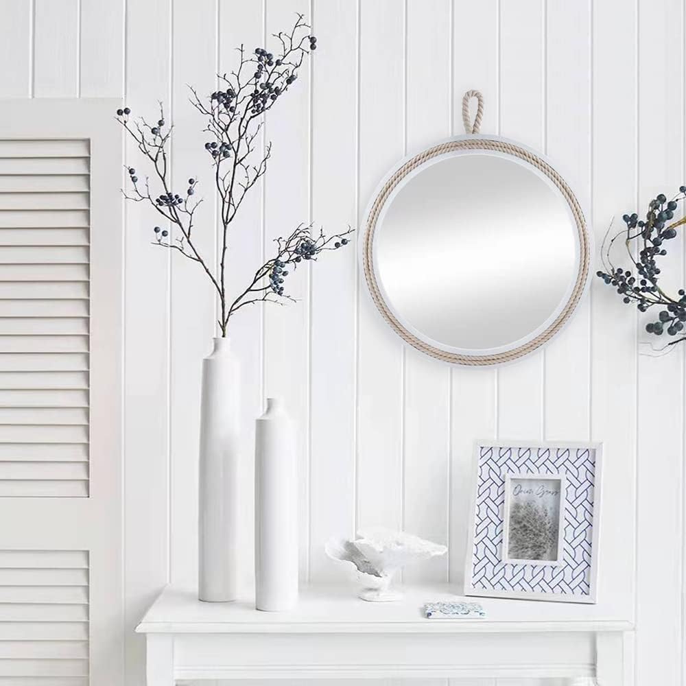 Small Decorative Mirror 11.4'' Round Hanging Mirror for Wall Nautical Rope Mirror for Bathroom Office Living Room All Occasions, White Round Rope,Mirror,Nautical Theme
