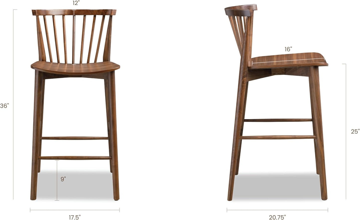 POLY & BARK Ligna Counter Stool Walnut – Mid-Century Inspired Stool with Sculpted Spindle Back – Solid American Oak Frame and Engineered Wood Veneered Seat – Fully Assembled and Ready to Use