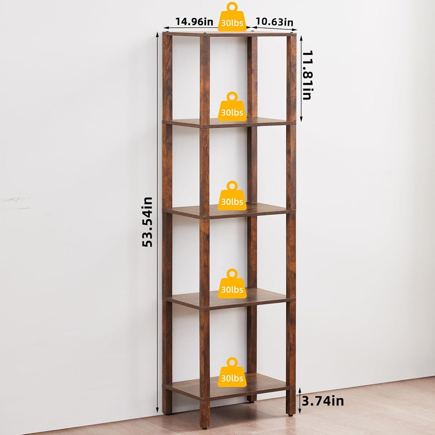 54in Tall Bookshelf 5-Tier Small Narrow Bookcase, Skinny Book Shelf for Small Space, Farmhouse Slim Shelf with Storage, Wood Freestanding Display Thin Bookshelves for Living Room, Office, Brown