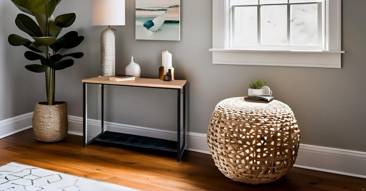 AC Pacific Bali Coastal Modern Narrow Console Table for Entryway, Hallway Decor, and Small Spaces, Compact Living Room Furniture with Natural Wood Top and Black Metal Legs, 39" Long