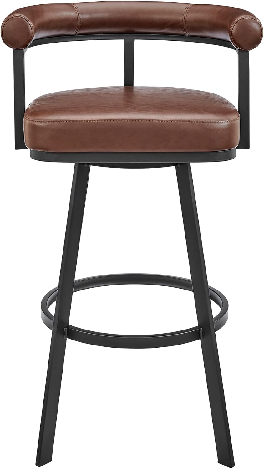 Armen Living Magnolia Swivel Bar Stool in Black Metal with Brown Faux Leather