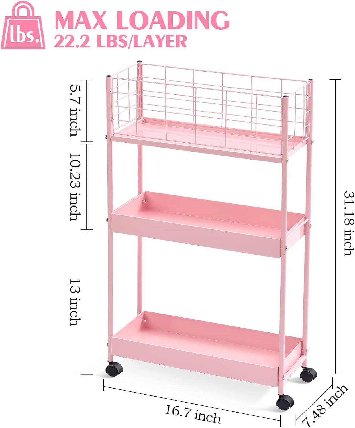 KINGRACK 3-Tier Rolling Utility Cart with Wheels, Metal Slim Storage Cart, Bathroom Multifunctional Storage Organizer, Mobile Shelving Unit for Kitchen, Office, Laundry Room, Narrow Place, Pink