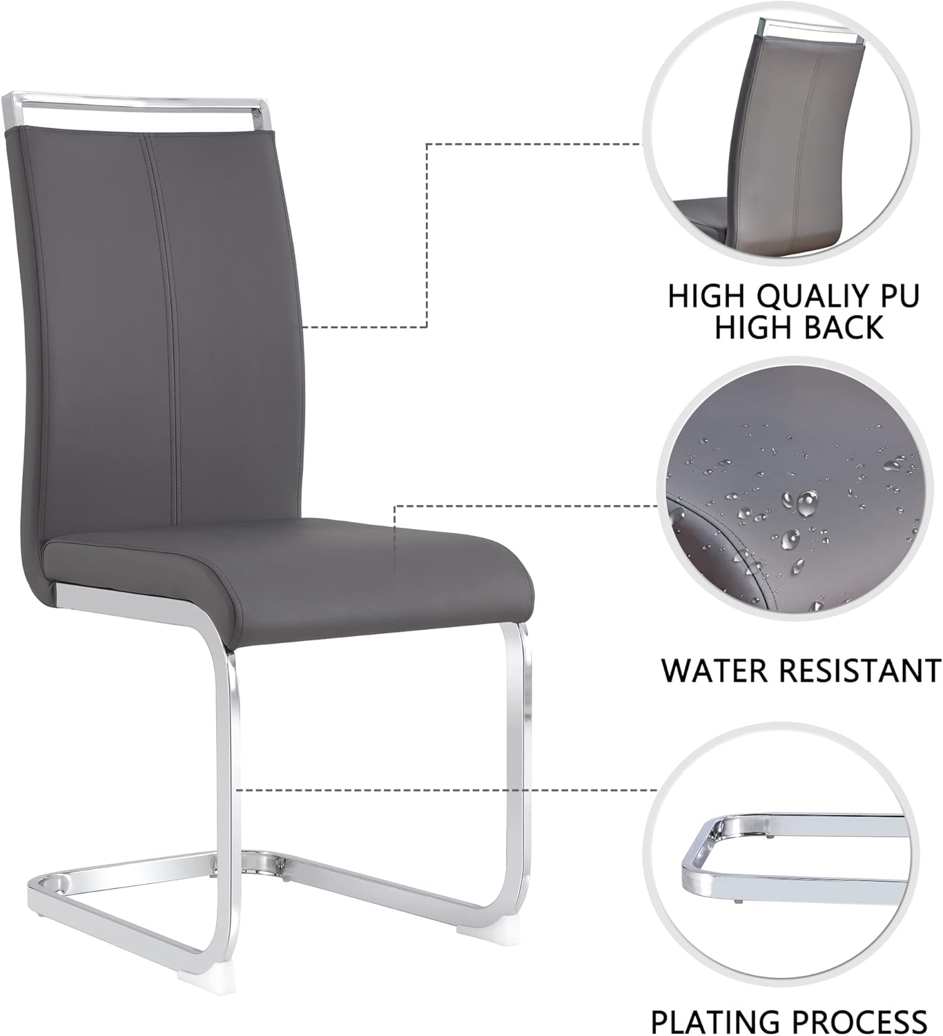 Dining Chairs Set, Kitchen Modern Metal Chairs with Faux Leather Padded Seat High Back and Sturdy Chrome Legs, Chairs for Dining Room (Grey, Set of 2)