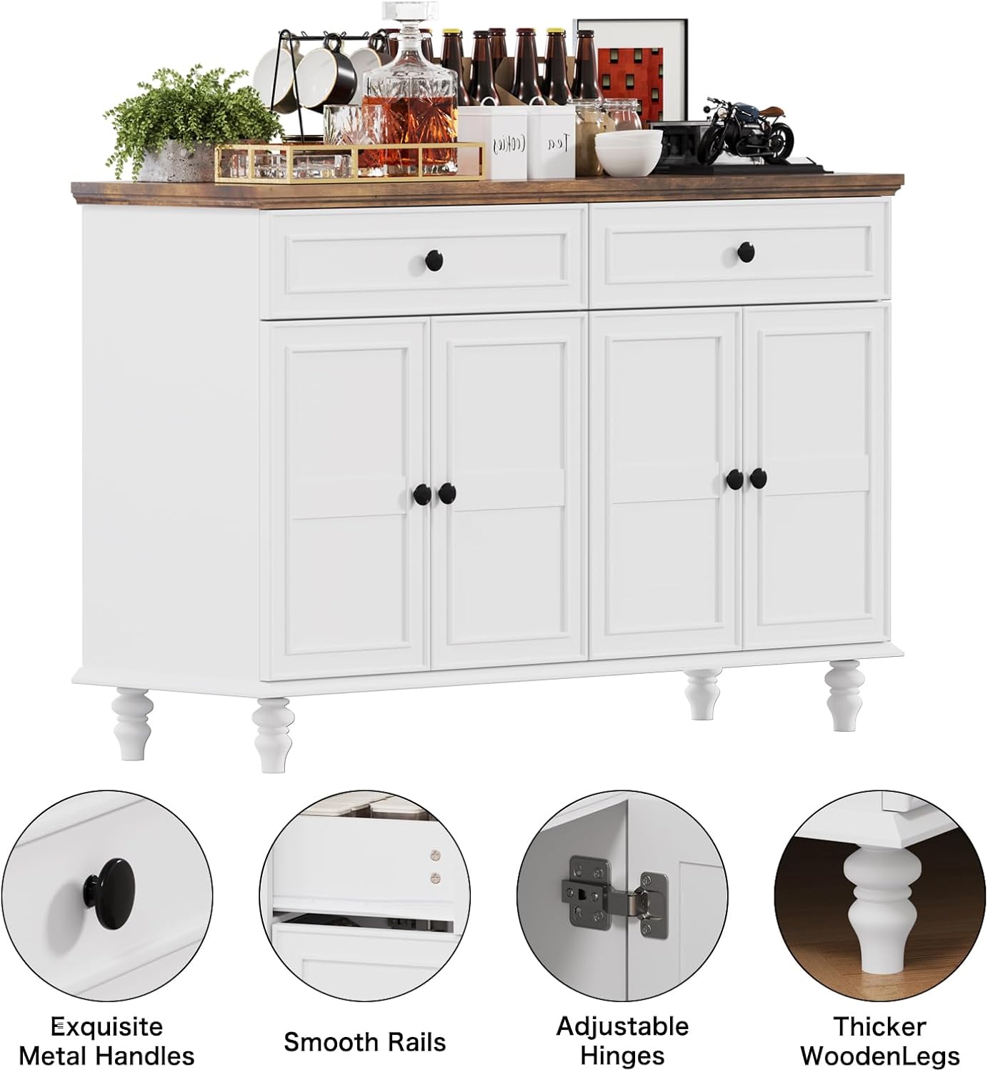 Farmhouse Buffet Cabinet with Storage, 47.6" Buffet Sideboard with 2 Drawers and 4 Doors, Wooden Kitchen Storage with Adjustable Shelves, Rustic Top Console Table for Dining Room, Kitchen or Entryway