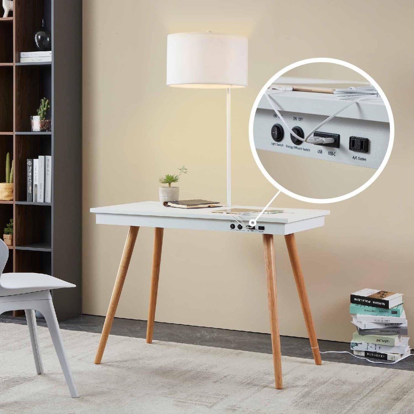 FENLO Future 39" Mid Century Modern Desk for Home Office, Office Desk with USB Charging Station, Wireless Charging, USB, USB-C Ports, White