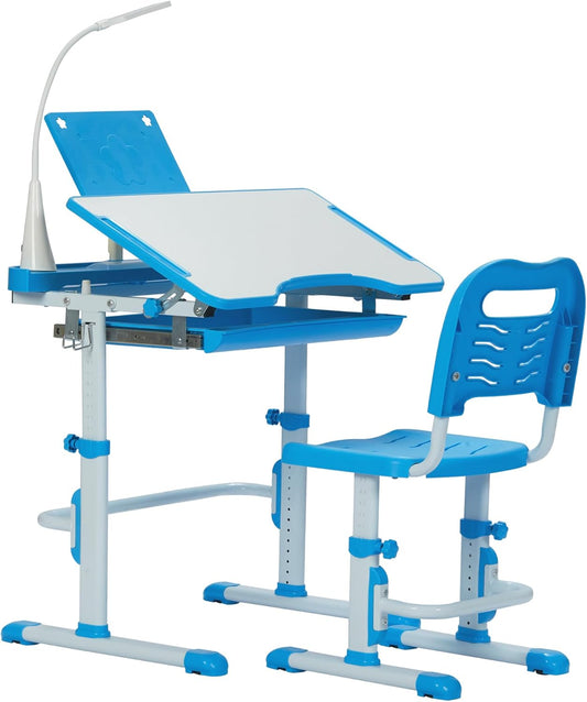 Real Relax Kids Desk and Chair Set, Children's Multifunctional School Tables with Tilt Desktop, LED Light, Metal Hook Blue