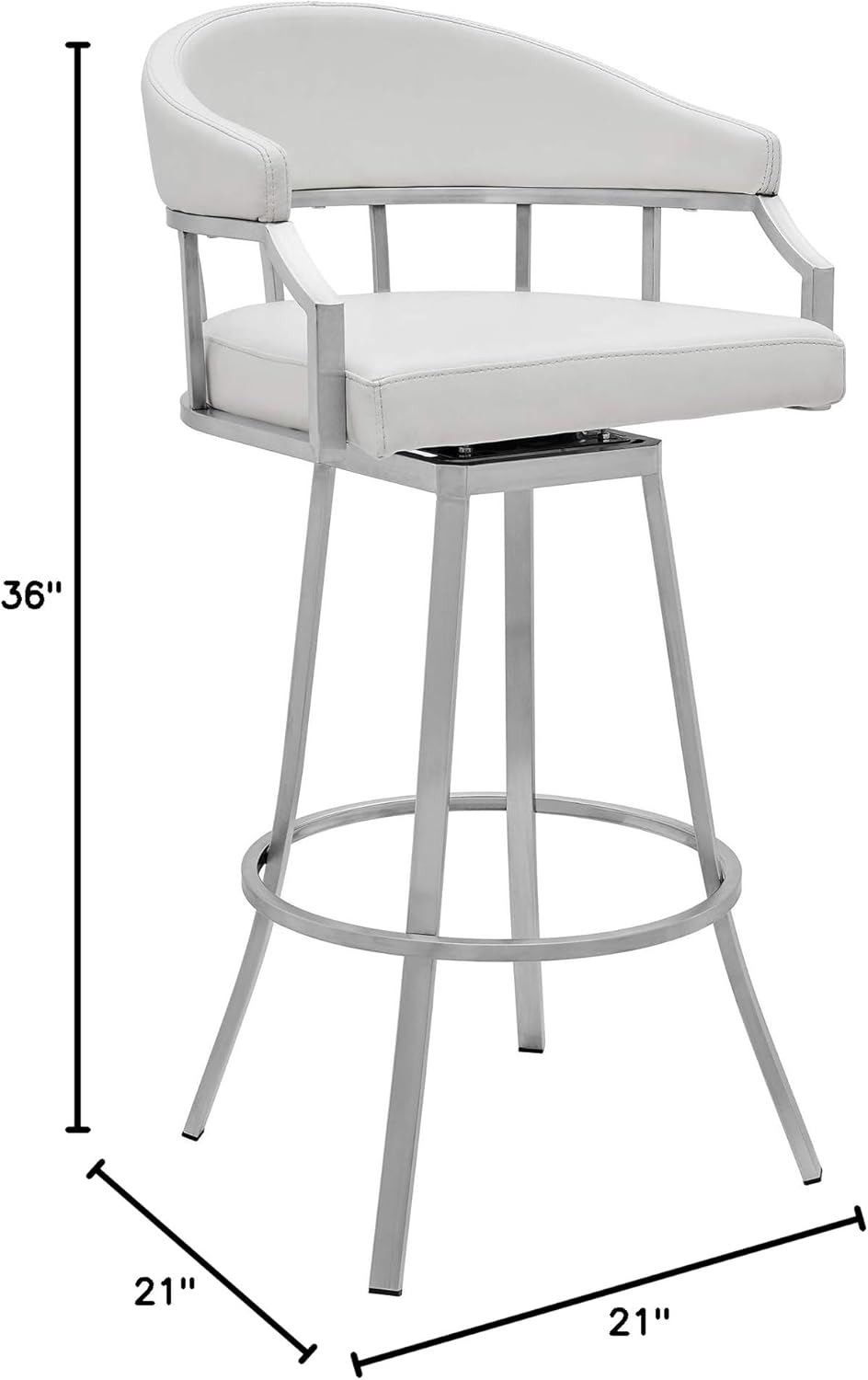 Armen Living Valerie Modern 26" Seat Height White Faux Leather and Brushed Stainless Steel Metal Swivel Bar Stool for Kitchen Island Counter