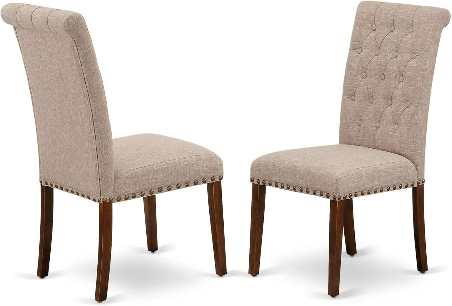 East West Furniture ESBR3-MAH-04 3 Piece Modern Dining Table Set Contains a Round Wooden Table with Pedestal and 2 Light Tan Linen Fabric Parson Dining Chairs, 30x30 Inch, Mahogany