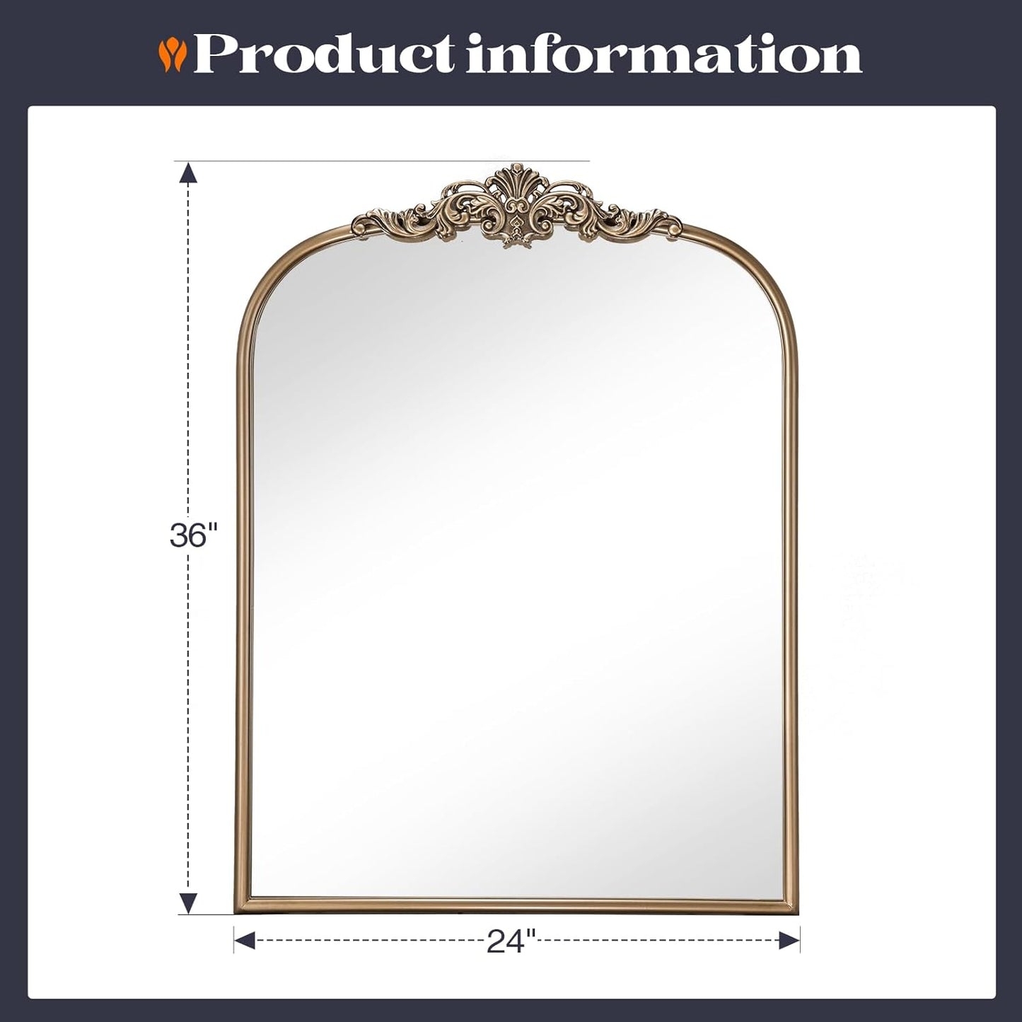 Antique Baroque Gold Mirror, 24” x 36” Vintage Vanity Mirror for Fireplace Mantel, Arch Bathroom Mirror for Wall with Ornate Metal Frame for Entryway Bedroom Living Room