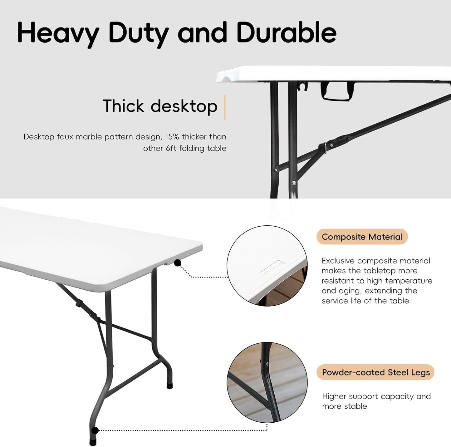 Folding Table 6FT HDPE 6 Foot Foldable Table Portable Banquet Surface Fold-in-Half Desk Utility for Working Meeting Parties, Picnic, Camping, Weddings, Catering, Garden Dining-White