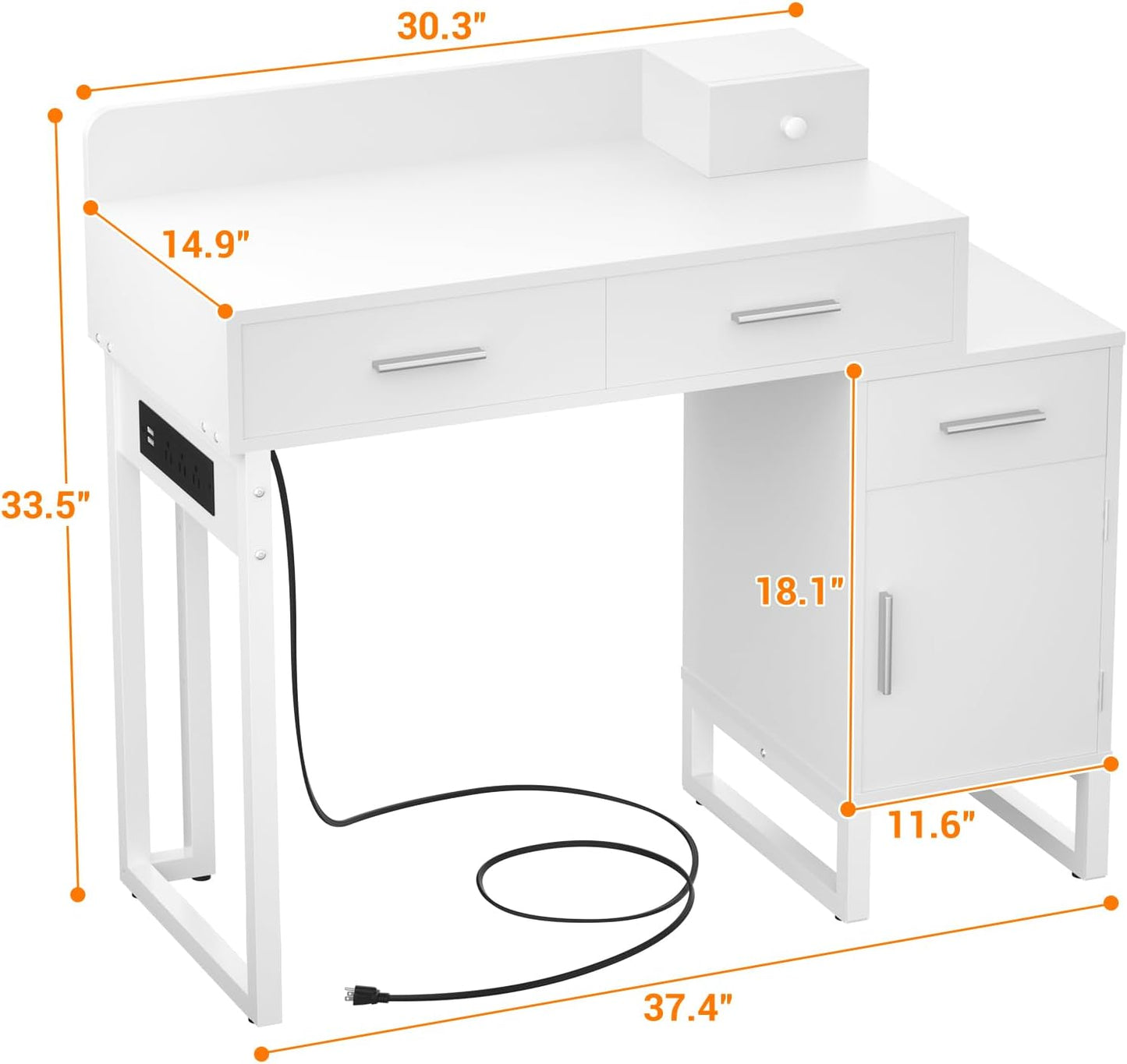 Vanity Desk with 4 Storage Drawers - Modern Makeup Vanity Table with Charging Station, White Vanity Desk with Reversible Cabinet Dressing Table Set with Divided Organizers for Women Girls, White