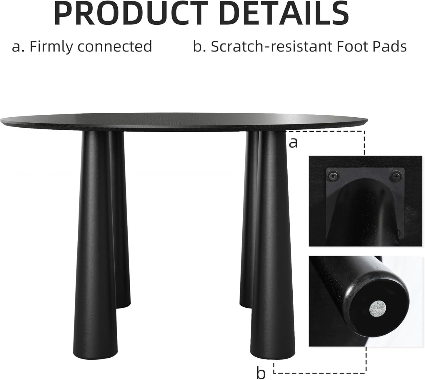 Casaphoria 45" Round Dining Table, Kitchen Table for 4 with Arc-Shaped Edge Top and Cylindrical Legs, Easy Assembly for Living Room, Dining Room, Black