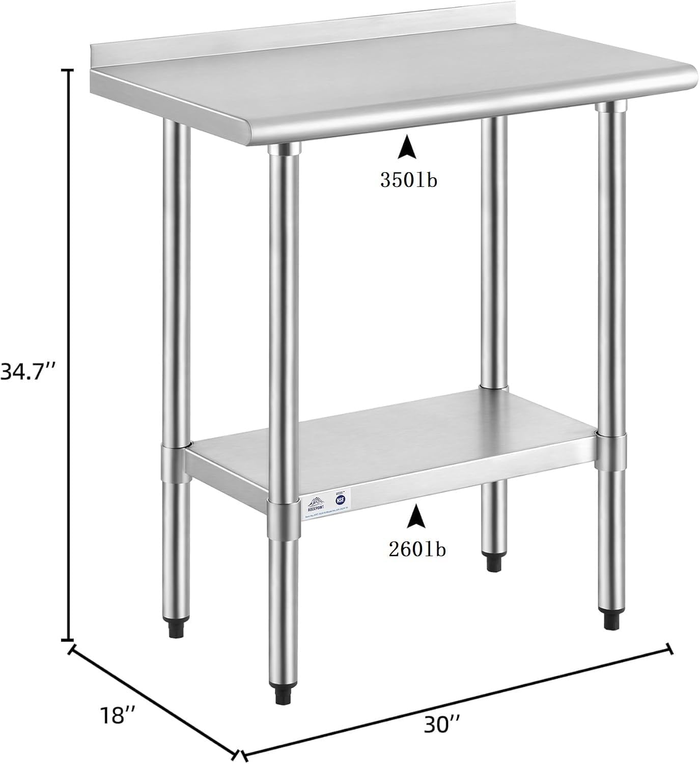 ROCKPOINT Stainless Steel Table for Prep & Work with Backsplash 18x30 Inches, NSF Metal Commercial Kitchen Heavy Duty Table with Adjustable Under Shelf and Table Foot for Restaurant, Home and Hotel